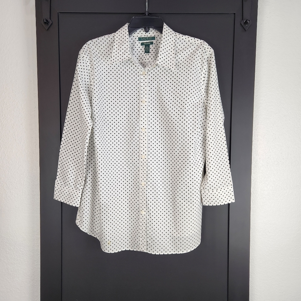 LAUREN RALPH LAUREN BLACK AND WHITE POLKA-DOT BUTTON DOWN NON-IRON SHIRT SIZE 2X